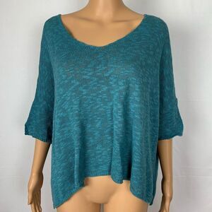 Mango Suit Linen Wide Neck Blouse Cropped Knit Top Off Shoulder Teal Top